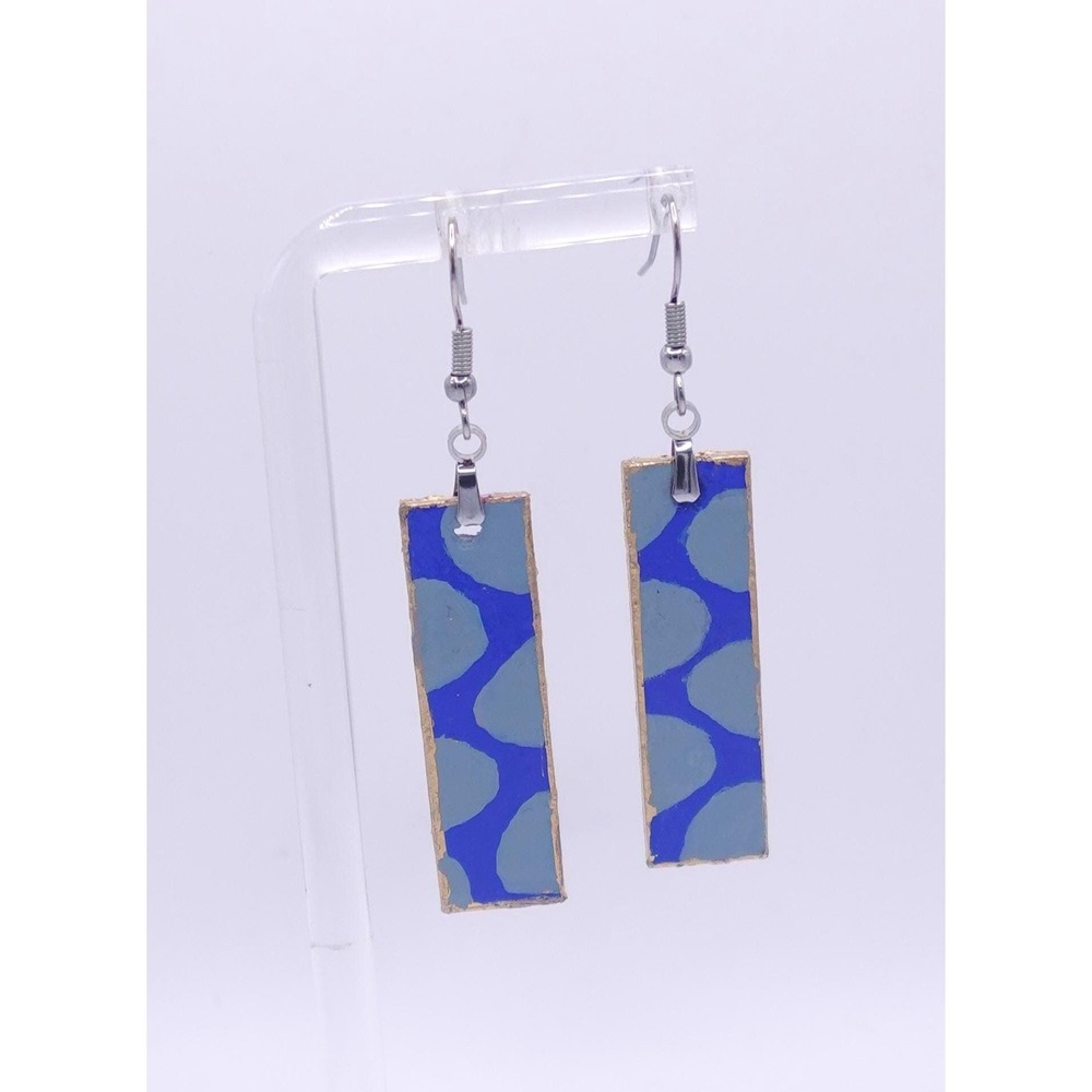 Wood Bar Earrings Blue Circle Geometric Boho Dangle,‎ Artisan Statement Drops